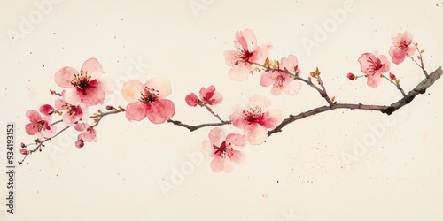 Watercolor depiction of a flowering peach branch set against a neutral background