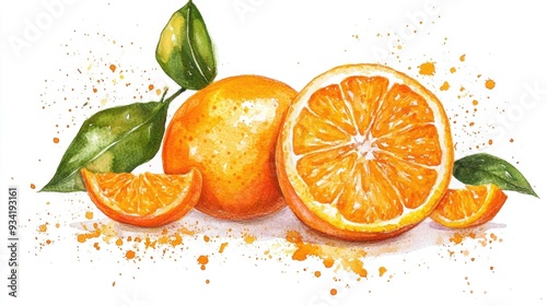 Sweet fresh oranges Hand painted watercolor illustration on a white background