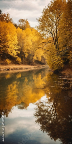 Vibrant yellow leaves create a stunning autumn display around a calm lake, with reflections mirroring the foliage on the water's surface as the day comes to a close. Generative AI