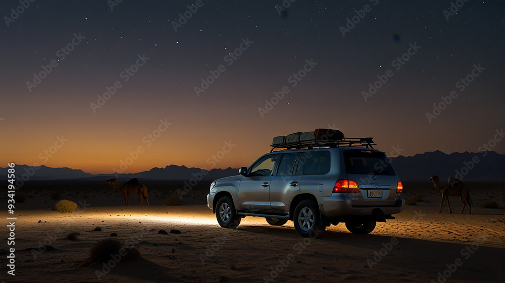 Fototapeta premium jeep and camel in the desert