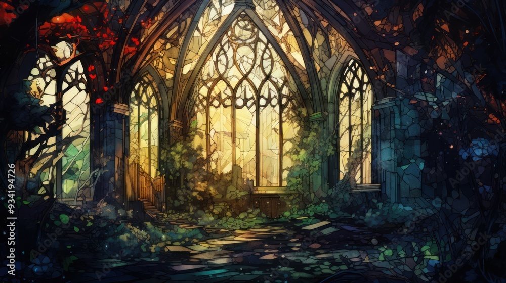 Abandoned church, shattered stained glass, creeping vines Abandoned church, shattered stained glass, creeping vines
