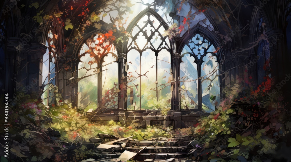 Obraz premium Abandoned church, shattered stained glass, creeping vines