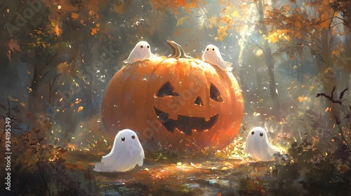 Mischievous Digital Ghost Characters Hovering Around Autumn Pumpkin in Cozy Pastel Palette photo