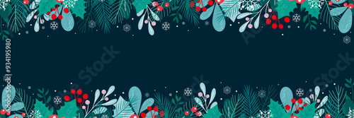 Winter horizontal banner dark background with fir branches, berries, leaves and snowflakes for the holiday Christmas and New Year in blue and blue colors. Flat doodle style. Vector illustration.