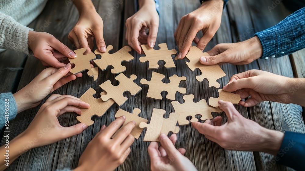 Group of hands assembling puzzle pieces on a wooden table in a cozy setting Group of hands assembling puzzle pieces on a wooden table in a cozy setting