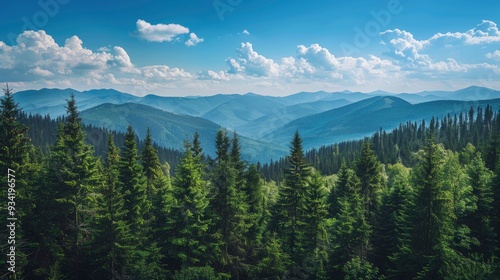 Magnificent panoramic view the coniferous forest on the mighty Carpathians Mountains and beautiful blue sky background. Beauty of wild virgin Ukrainian nature. Peacefulness , ai