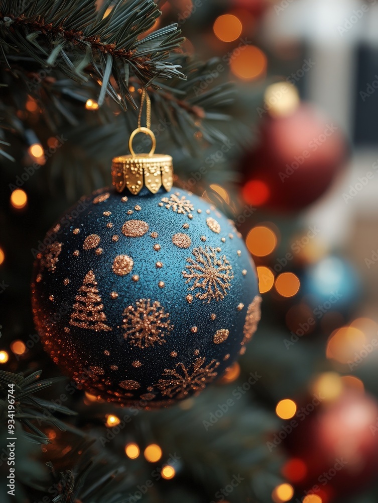 Close-up of a blue Christmas ornament with golden details on a tree, surrounded by festive lights.