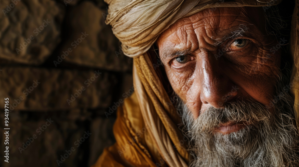  close up portrait, An old man with long beard wearing an ancient robe and turban,