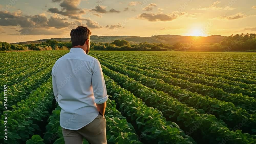 Young farmer standing in his soybean field at sunset