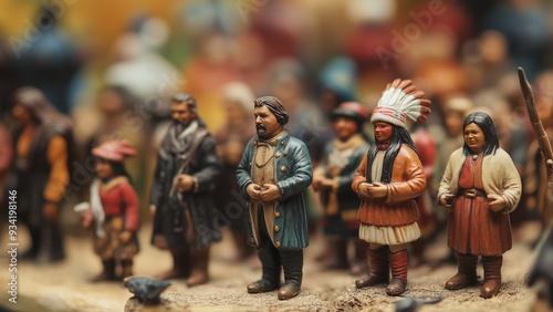 pilgrim and Native American Figures, Small figurines of pilgrims and Native Americans, symbolizing historical aspect of Thanksgiving