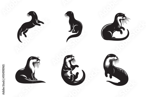 Black silhouette of Sea otter  sets illustration icon vector for logo, isolated on white background.