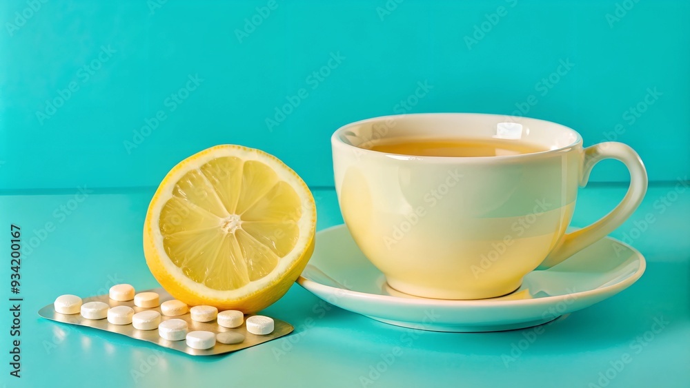 cup of tea with lemon. a home remedy approach to health care or illness prevention by combining natural vitamin C intake from lemons with medication cup of tea with lemon. a home remedy approach to health care or illness prevention by combining natural vitamin C intake from lemons with medication