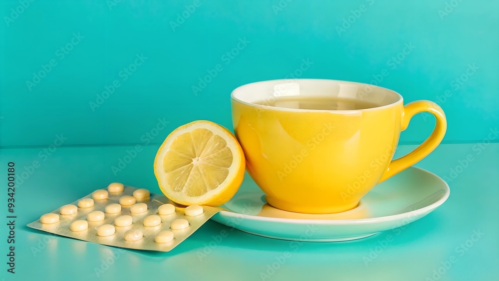 cup of tea with lemon. a home remedy approach to health care or illness prevention by combining natural vitamin C intake from lemons with medication cup of tea with lemon. a home remedy approach to health care or illness prevention by combining natural vitamin C intake from lemons with medication