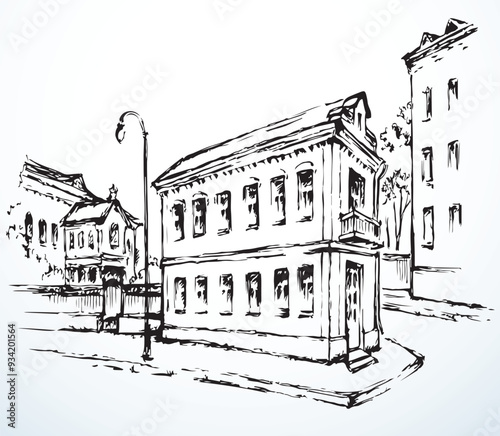 Vector cityscape. Narrow street of old town.