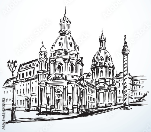 Vector drawing. Sketch of square in Rome.