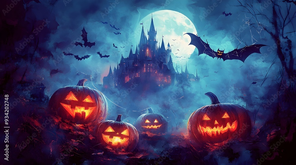 Haunting Halloween Scene with Carved Pumpkins Bats and Mysterious Castle in Moody Expressionist Haunting Halloween Scene with Carved Pumpkins Bats and Mysterious Castle in Moody Expressionist
