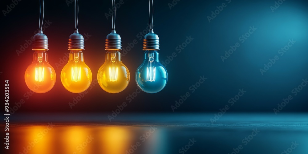 Multiple lit yellow and blue light bulbs on blue background. Idea concept Multiple lit yellow and blue light bulbs on blue background. Idea concept