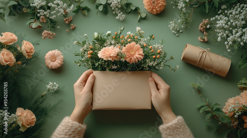 Hands Holding Floral Envelope with Fresh Peach Roses and Gerbera Daisies on Green Background photo