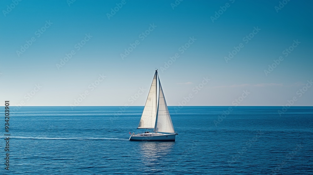 Obraz premium Sailboat gliding across calm blue waters under a clear sky