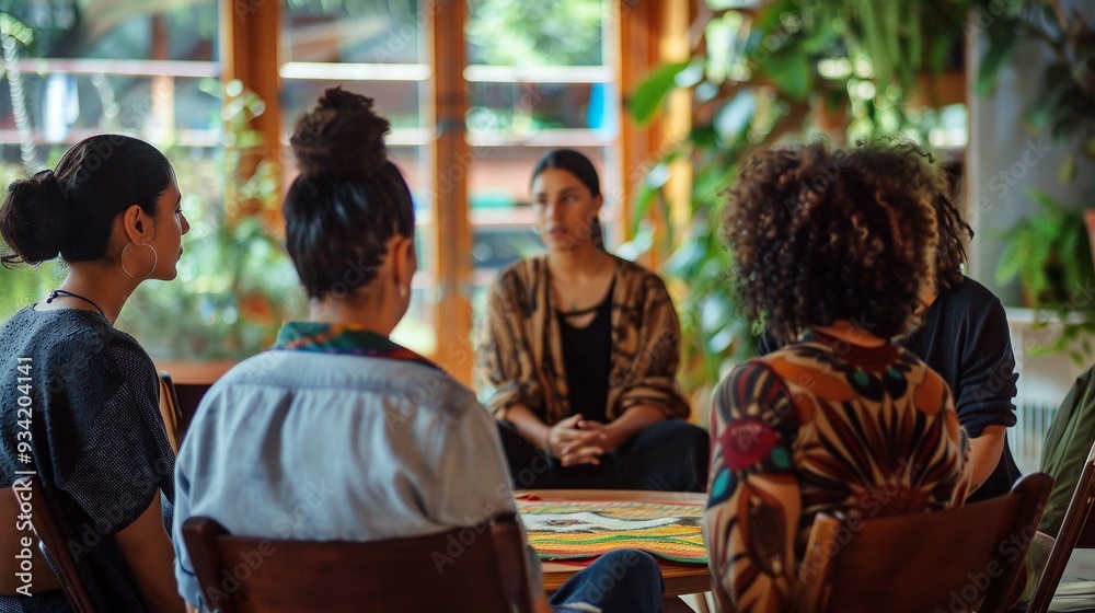 Obraz premium Group discussion on personal development in a cozy indoor setting, surrounded by plants during the day
