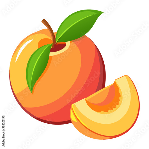 Fresh Peach fruit and Peach slice on white background. Vector illustration flat cartoon