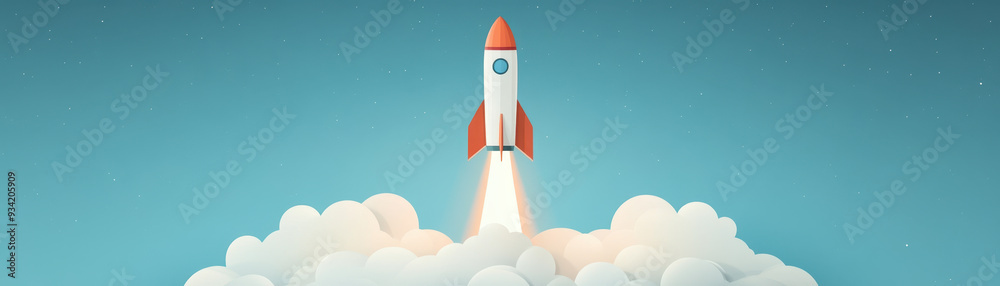 Fototapeta premium Rocket launching into sky, surrounded by clouds, symbolizes adventure and exploration. vibrant colors evoke excitement and inspiration.