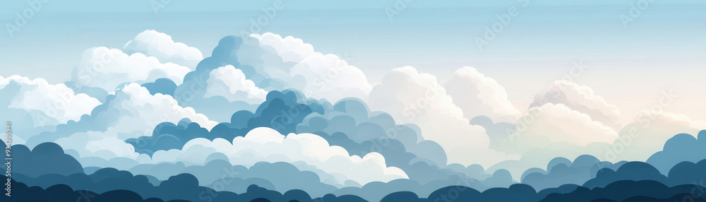 Soft, fluffy clouds in various shades of blue and white create serene and calming atmosphere in this digital illustration. Soft, fluffy clouds in various shades of blue and white create serene and calming atmosphere in this digital illustration.