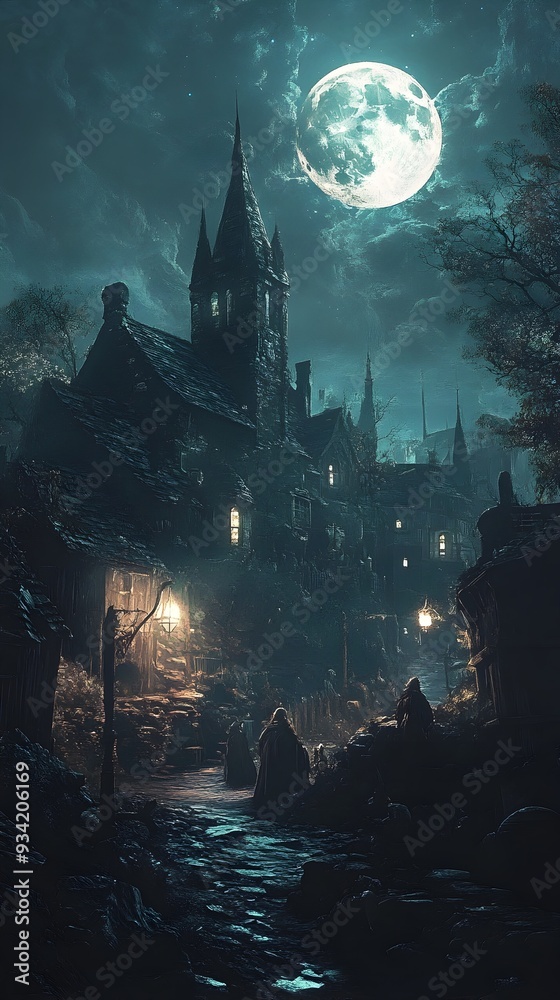 Otherworldly Figures Gather Under Enchanting Moonlight in Mysterious Town Otherworldly Figures Gather Under Enchanting Moonlight in Mysterious Town