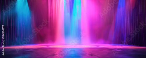 Colorful stage with vibrant lighting and spotlights creating an electric atmosphere. Ideal for concepts of entertainment, performances, and dynamic events.