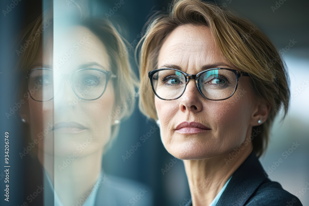 Senior Executive in Deep Thought by the Window. A close-up portrait of a confident middle-aged Caucasian woman with blonde hair and glasses, focused and pensive as she gazes out of an office window.
Senior Executive in Deep Thought by the Window. A close-up portrait of a confident middle-aged Caucasian woman with blonde hair and glasses, focused and pensive as she gazes out of an office window.