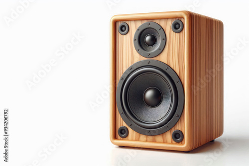 Wooden speaker on a light background. Space for text. photo