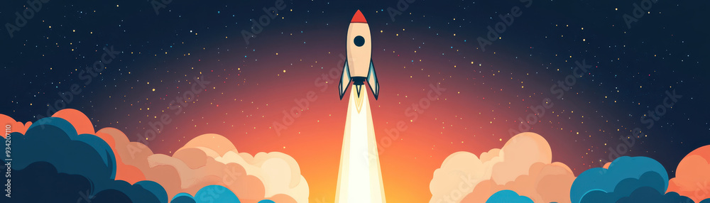 Rocket launching into space, surrounded by colorful clouds and starry sky, evokes sense of adventure and exploration. Rocket launching into space, surrounded by colorful clouds and starry sky, evokes sense of adventure and exploration.