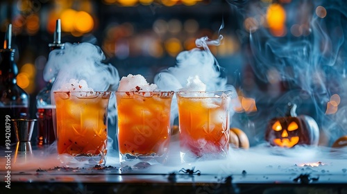 Spooky Halloween cocktails with fog and glowing pumpkin decor on a festive bar photo