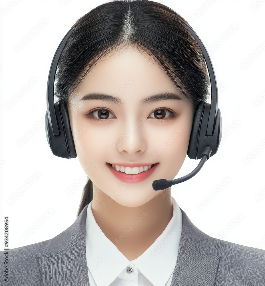 Customer service staff, smiling and wearing a gray suit with a white shirt underneath a headset. The background is pure white. Customer service staff, smiling and wearing a gray suit with a white shirt underneath a headset. The background is pure white.