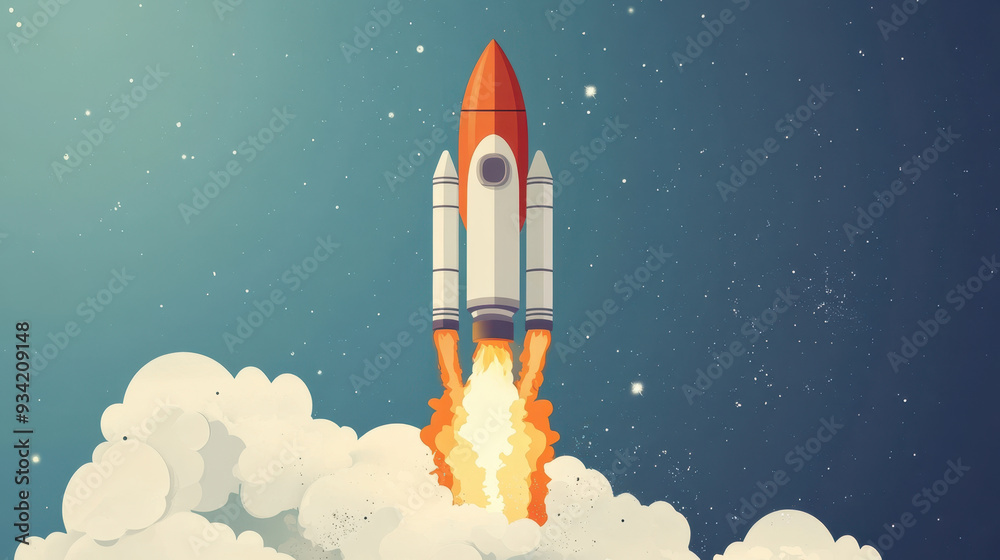 Naklejka premium Rocket launching into space with vibrant flames and clouds, symbolizing adventure and exploration.