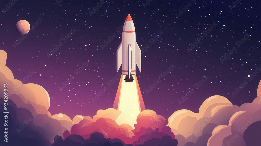 Rocket launching into space, surrounded by clouds and stars, evokes sense of adventure and exploration. Rocket launching into space, surrounded by clouds and stars, evokes sense of adventure and exploration.