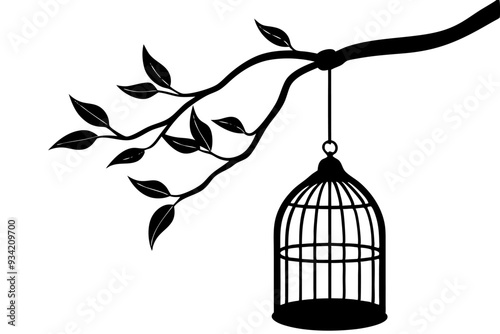 Bird Cage Hanging on Tree Vector Illustration