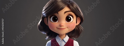 Adorable 3D Cartoon Girl in a Shirt and Dark Red Vest