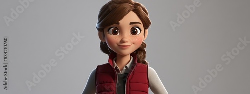 Adorable 3D Cartoon Girl in a Shirt and Dark Red Vest