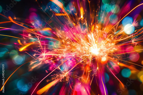 Vibrant Multicolored Spark Burst with Neon Light Trails and Bokeh, Abstract Celebration Concept