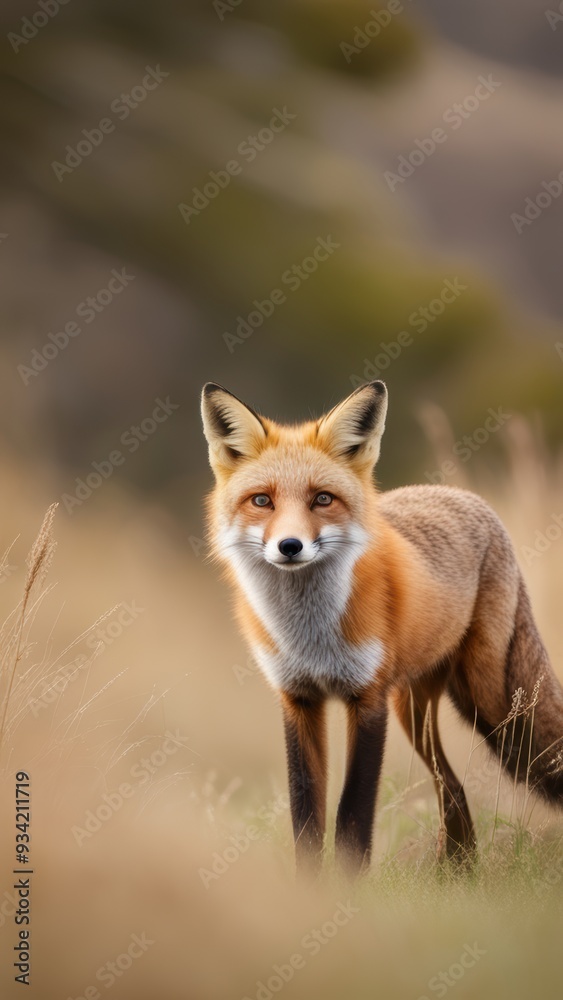 A red fox stands in a grassy field looking directly at the camera with an intense expression. A red fox stands in a grassy field looking directly at the camera with an intense expression.