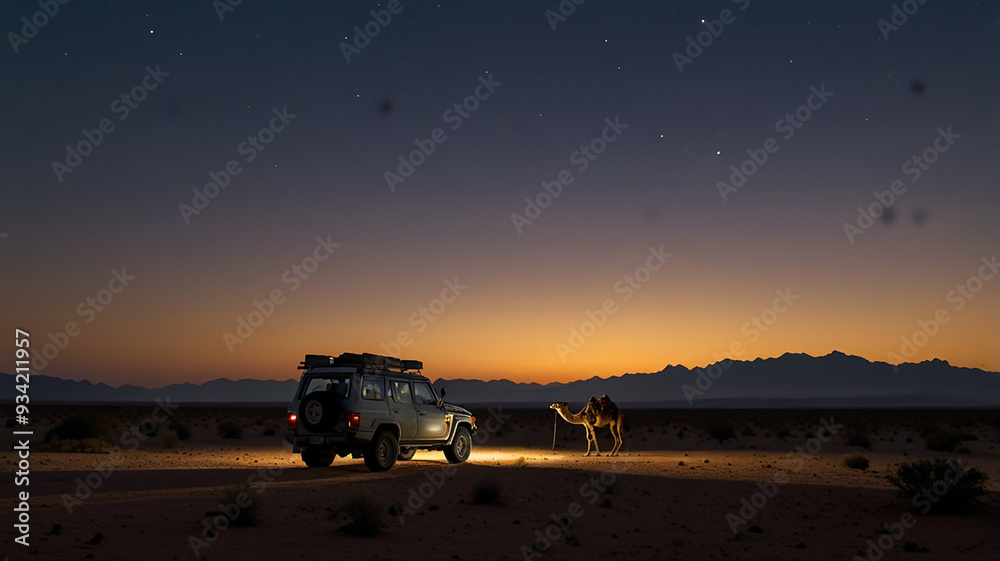 Fototapeta premium jeep and camel in the desert