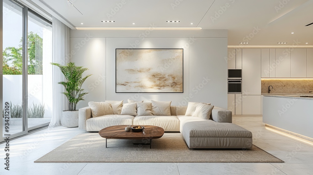 Modern Minimalist Living Room with Cozy Sofa and Open Kitchen Design in Neutral Tones Modern Minimalist Living Room with Cozy Sofa and Open Kitchen Design in Neutral Tones