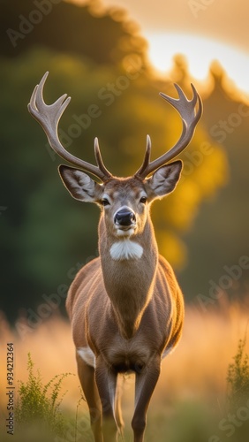 Mature deer with prominent antlers stands in open field facing camera with head slightly turned.