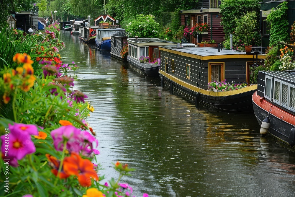 Obraz premium Panoramic View of Tranquil Canal with Houseboats and Flowers