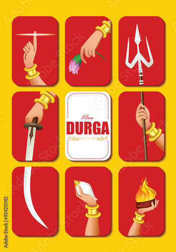Goddess Durga  hands in Happy Durga Puja Subh Navratri banner background
