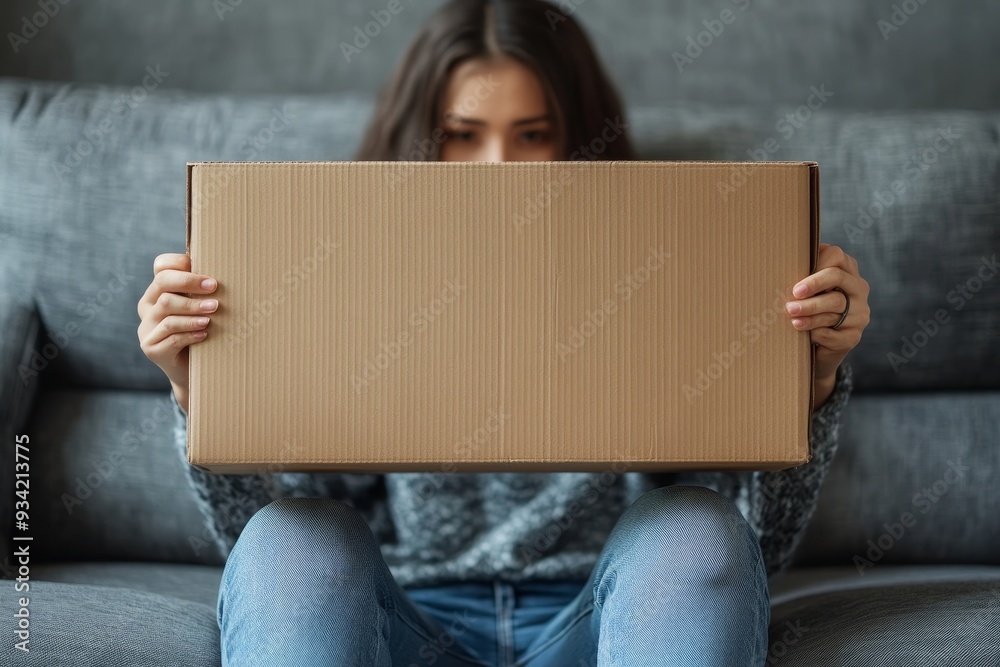 woman is holding cardboard box sitting on sofa at home, Generative AI woman is holding cardboard box sitting on sofa at home, Generative AI