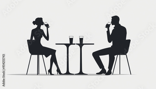 Silhouette couple homme femme rendez-vous galant verre vin terrasse assis.