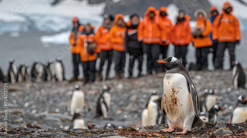 A gentoo penguin with a group of people in orange jackets in the blurred background, standing on rocky terrain.