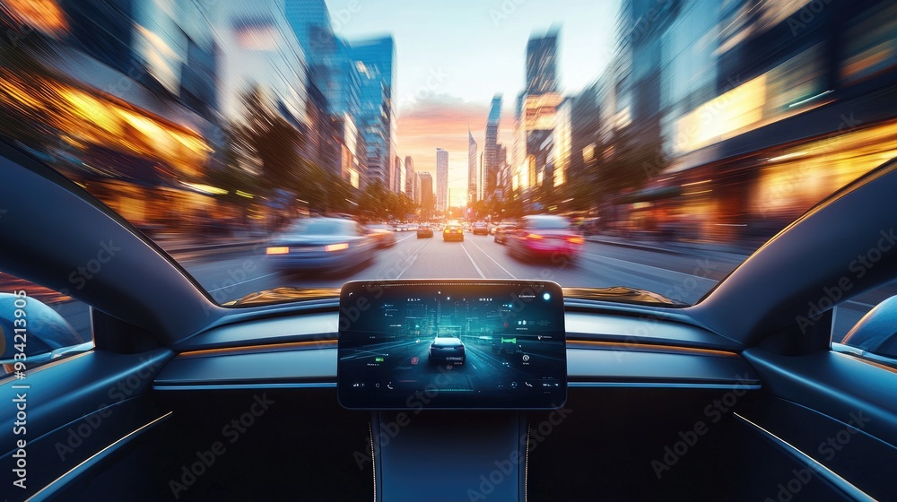 Interior View of Self-Driving Car on Urban Street at Sunset Interior View of Self-Driving Car on Urban Street at Sunset